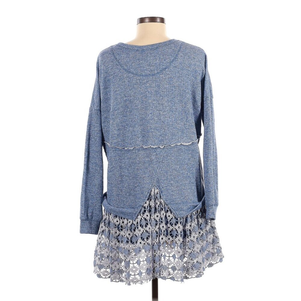 Free People FP Beach Tunic Dress Sweater Floral Lace Hem Heather Blue White S - Picture 3 of 5